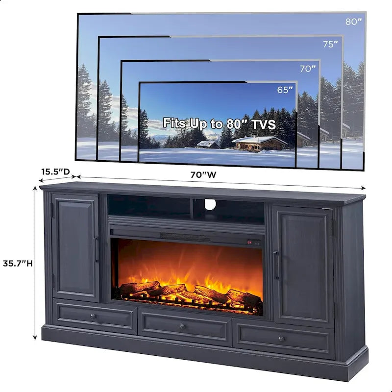 Mobile TV da fattoria con caminetto elettrico, in rovere anticato bianco/nero/marrone chiaro/viola, adatto a TV fino a 80", assemblaggio per 2 persone
