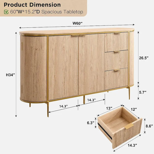 60 Modern Fluted Buffet Cabinet, Buffet Table, Coffee/Wine Bar