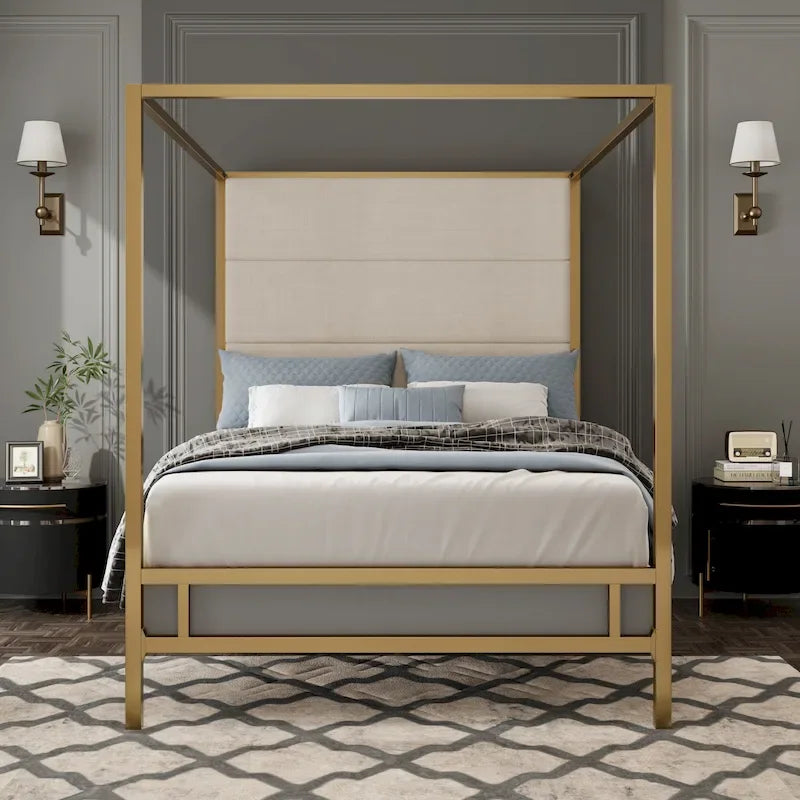 Letto a baldacchino con testiera imbottita in velluto, struttura a 4 colonne in metallo