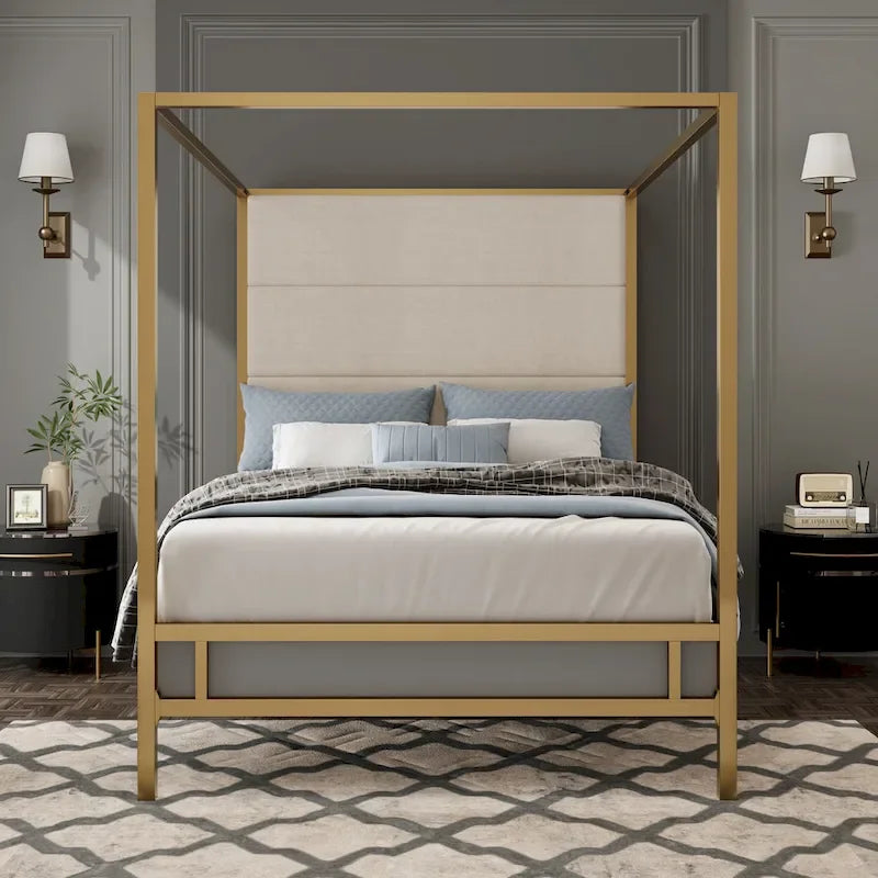 Letto a baldacchino con testiera imbottita in velluto, struttura a 4 colonne in metallo