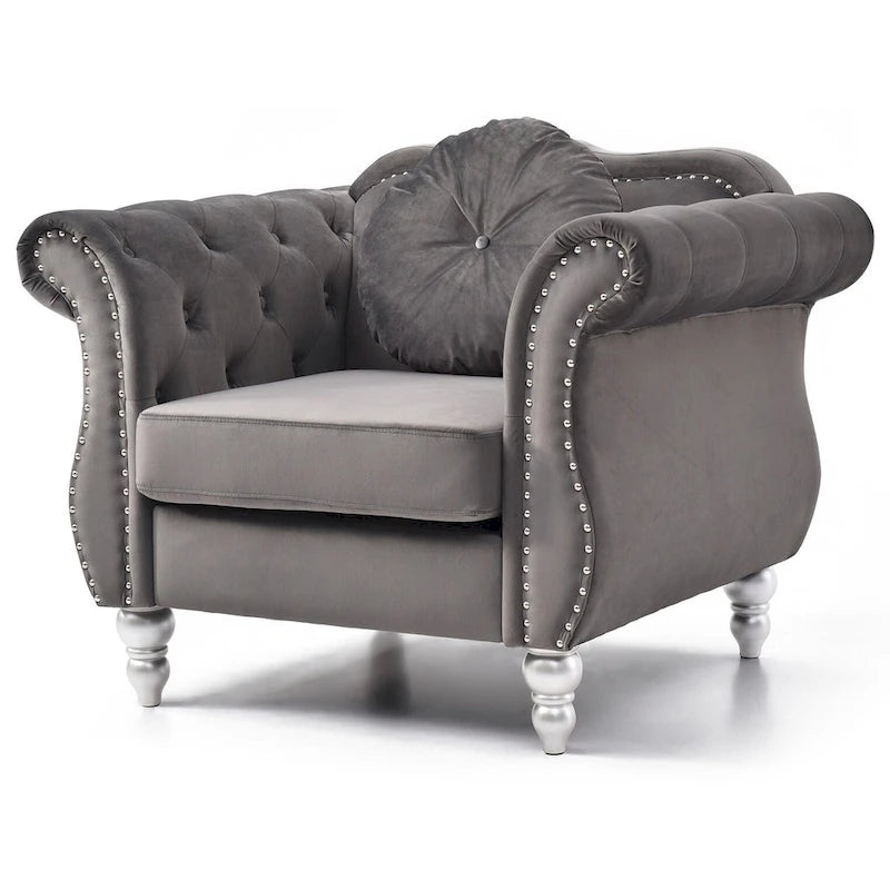 Poltrona d'Appoggio in Velluto Trapuntato Hollywood Chesterfield con Cuscino Rotondo - 39L x 35W x 34H