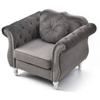Poltrona d'Appoggio in Velluto Trapuntato Hollywood Chesterfield con Cuscino Rotondo - 39L x 35W x 34H