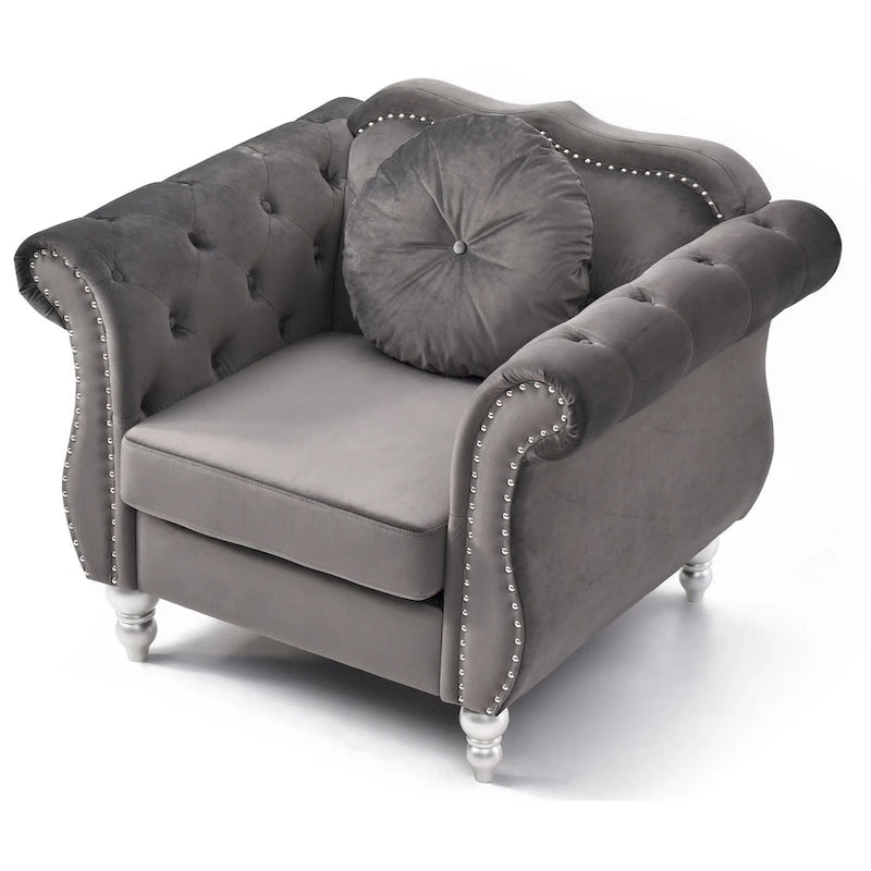 Poltrona d'Appoggio in Velluto Trapuntato Hollywood Chesterfield con Cuscino Rotondo - 39L x 35W x 34H