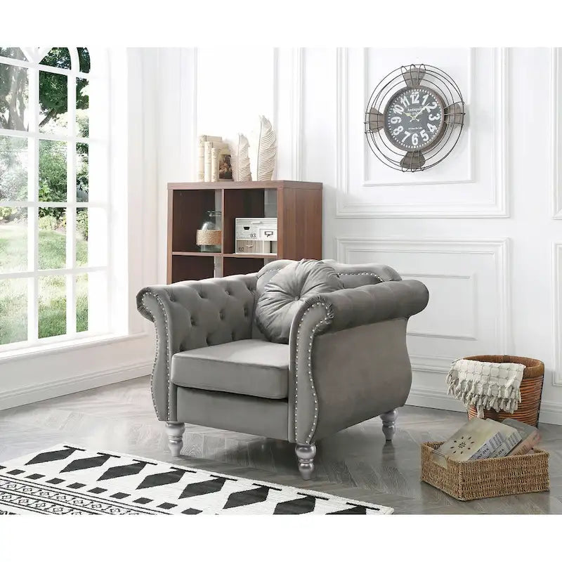 Poltrona d'Appoggio in Velluto Trapuntato Hollywood Chesterfield con Cuscino Rotondo - 39L x 35W x 34H