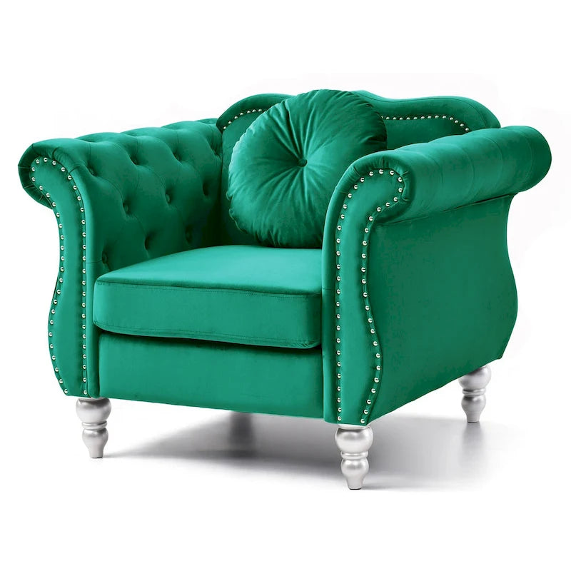 Poltrona d'Appoggio in Velluto Trapuntato Hollywood Chesterfield con Cuscino Rotondo - 39L x 35W x 34H