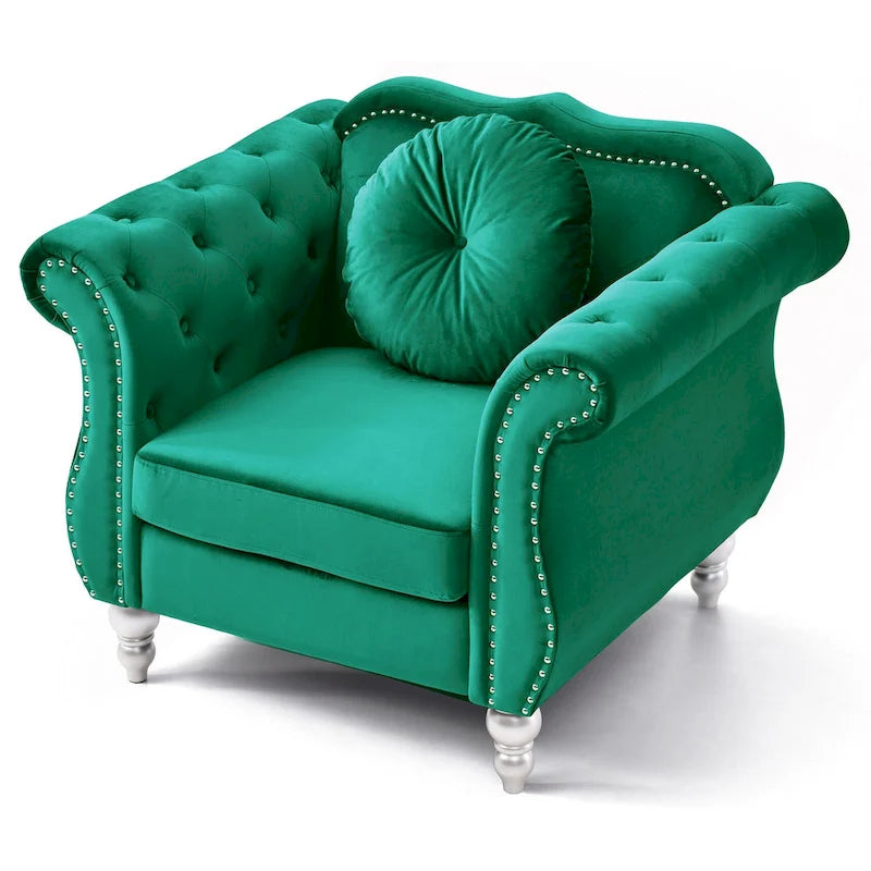 Poltrona d'Appoggio in Velluto Trapuntato Hollywood Chesterfield con Cuscino Rotondo - 39L x 35W x 34H