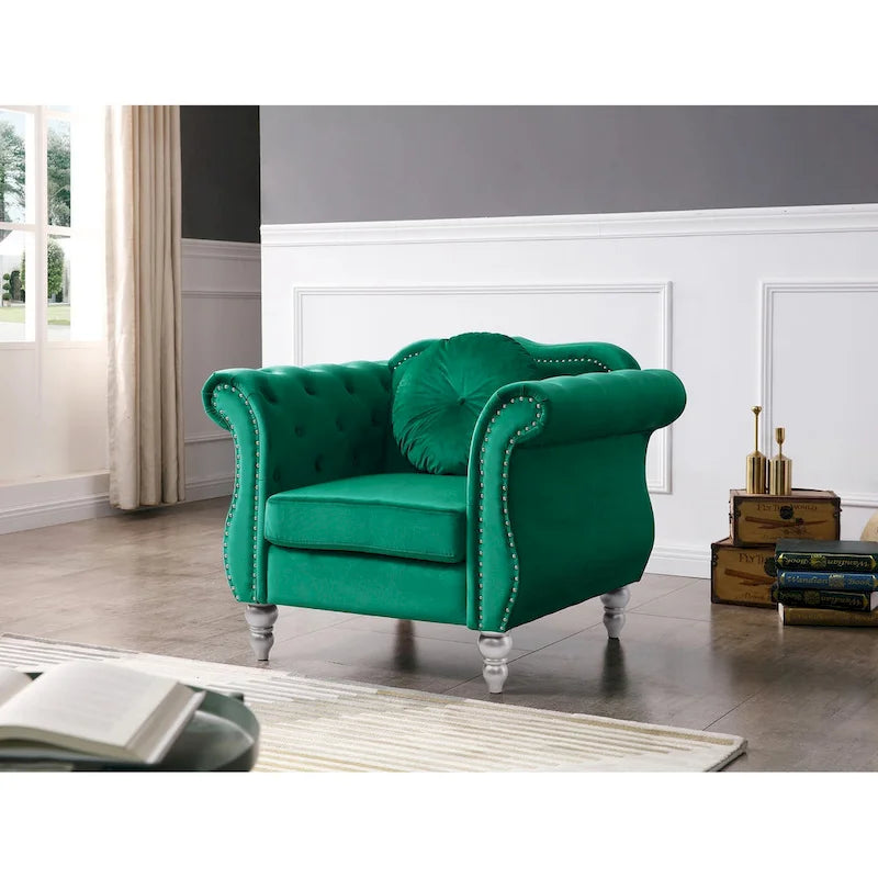 Poltrona d'Appoggio in Velluto Trapuntato Hollywood Chesterfield con Cuscino Rotondo - 39L x 35W x 34H