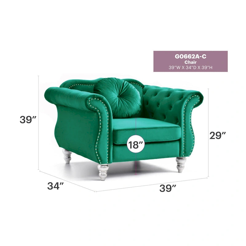 Poltrona d'Appoggio in Velluto Trapuntato Hollywood Chesterfield con Cuscino Rotondo - 39L x 35W x 34H