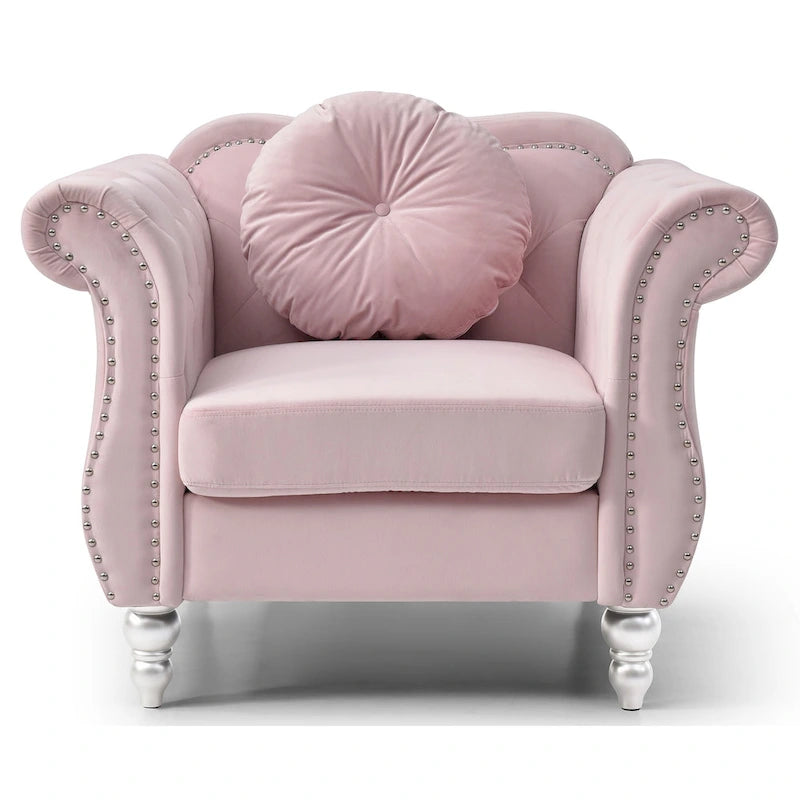 Poltrona d'Appoggio in Velluto Trapuntato Hollywood Chesterfield con Cuscino Rotondo - 39L x 35W x 34H