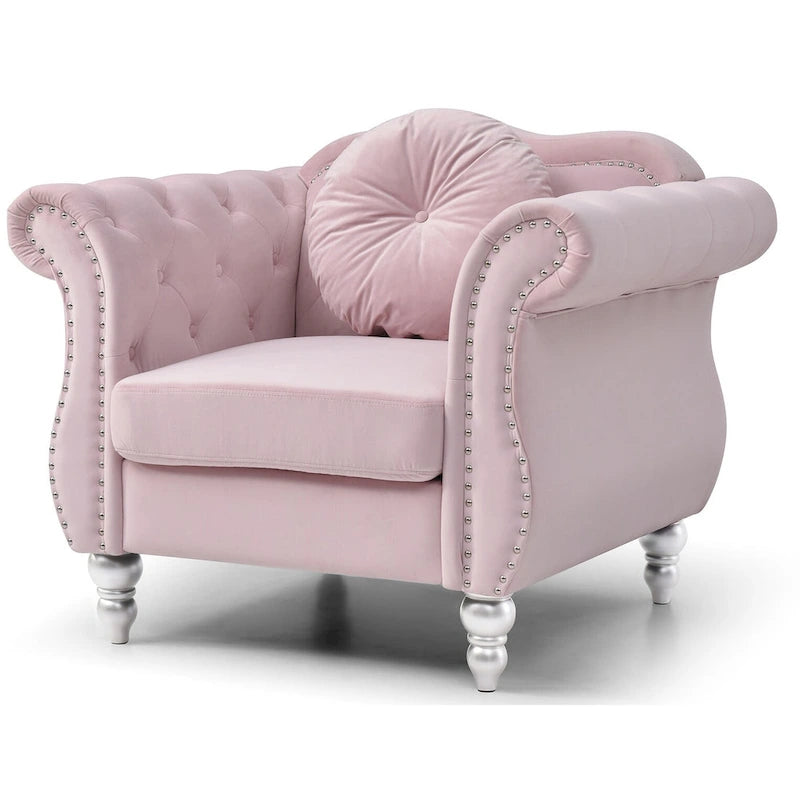 Poltrona d'Appoggio in Velluto Trapuntato Hollywood Chesterfield con Cuscino Rotondo - 39L x 35W x 34H
