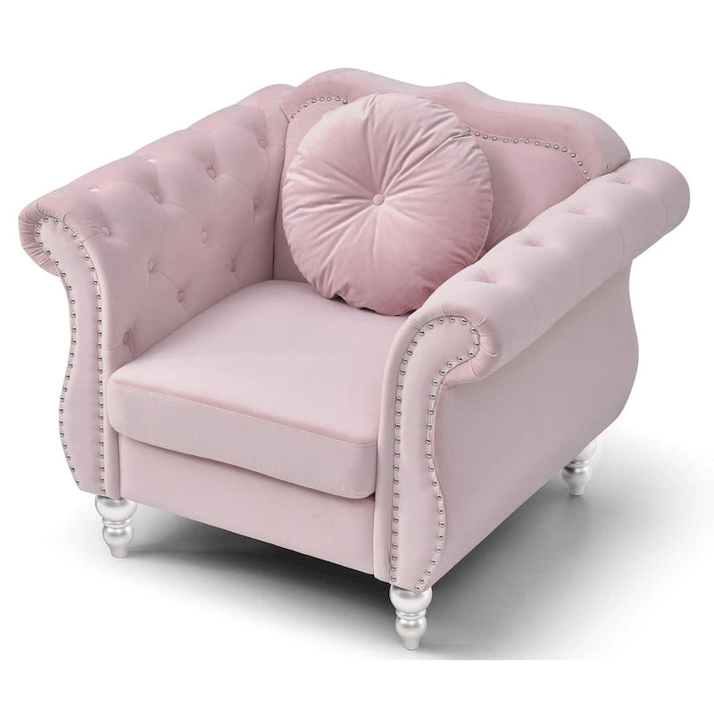 Poltrona d'Appoggio in Velluto Trapuntato Hollywood Chesterfield con Cuscino Rotondo - 39L x 35W x 34H