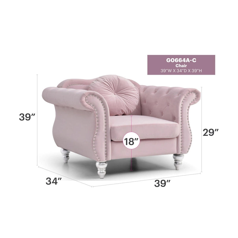 Poltrona d'Appoggio in Velluto Trapuntato Hollywood Chesterfield con Cuscino Rotondo - 39L x 35W x 34H