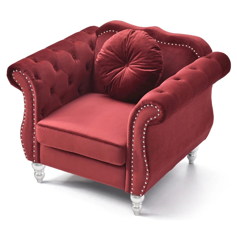 Poltrona d'Appoggio in Velluto Trapuntato Hollywood Chesterfield con Cuscino Rotondo - 39L x 35W x 34H