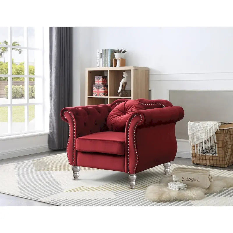 Poltrona d'Appoggio in Velluto Trapuntato Hollywood Chesterfield con Cuscino Rotondo - 39L x 35W x 34H
