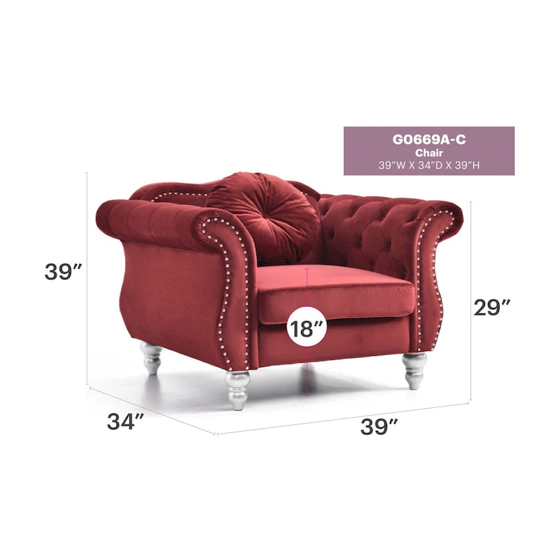 Poltrona d'Appoggio in Velluto Trapuntato Hollywood Chesterfield con Cuscino Rotondo - 39L x 35W x 34H
