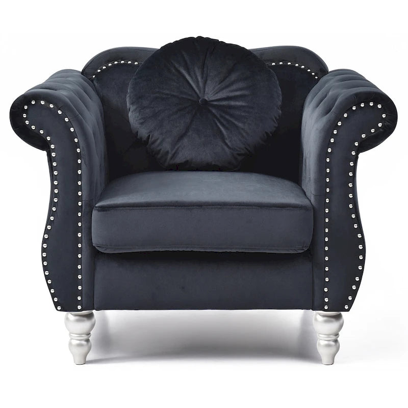 Poltrona d'Appoggio in Velluto Trapuntato Hollywood Chesterfield con Cuscino Rotondo - 39L x 35W x 34H