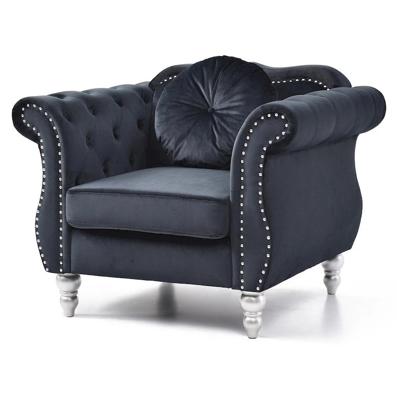 Poltrona d'Appoggio in Velluto Trapuntato Hollywood Chesterfield con Cuscino Rotondo - 39L x 35W x 34H