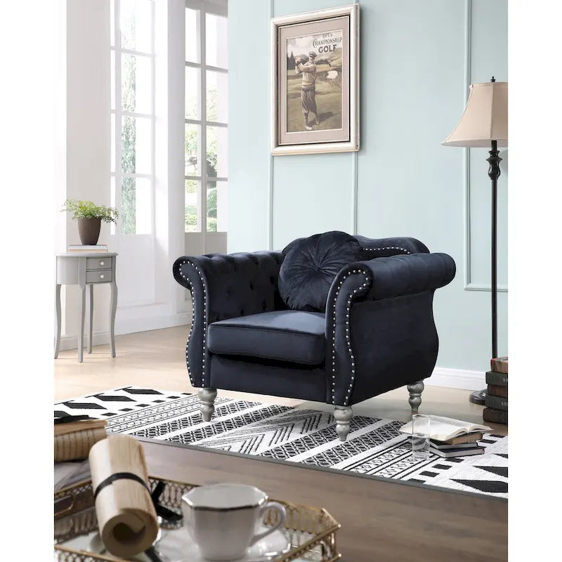 Poltrona d'Appoggio in Velluto Trapuntato Hollywood Chesterfield con Cuscino Rotondo - 39L x 35W x 34H