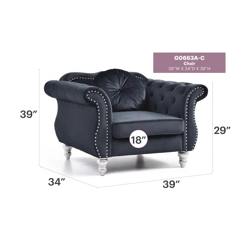 Poltrona d'Appoggio in Velluto Trapuntato Hollywood Chesterfield con Cuscino Rotondo - 39L x 35W x 34H