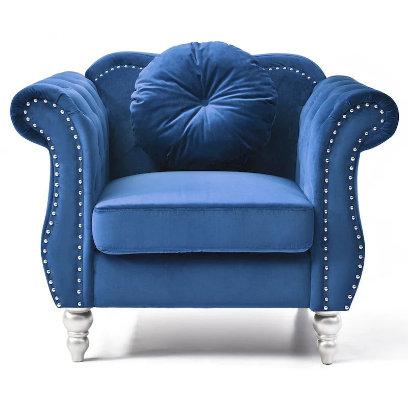 Poltrona d'Appoggio in Velluto Trapuntato Hollywood Chesterfield con Cuscino Rotondo - 39L x 35W x 34H