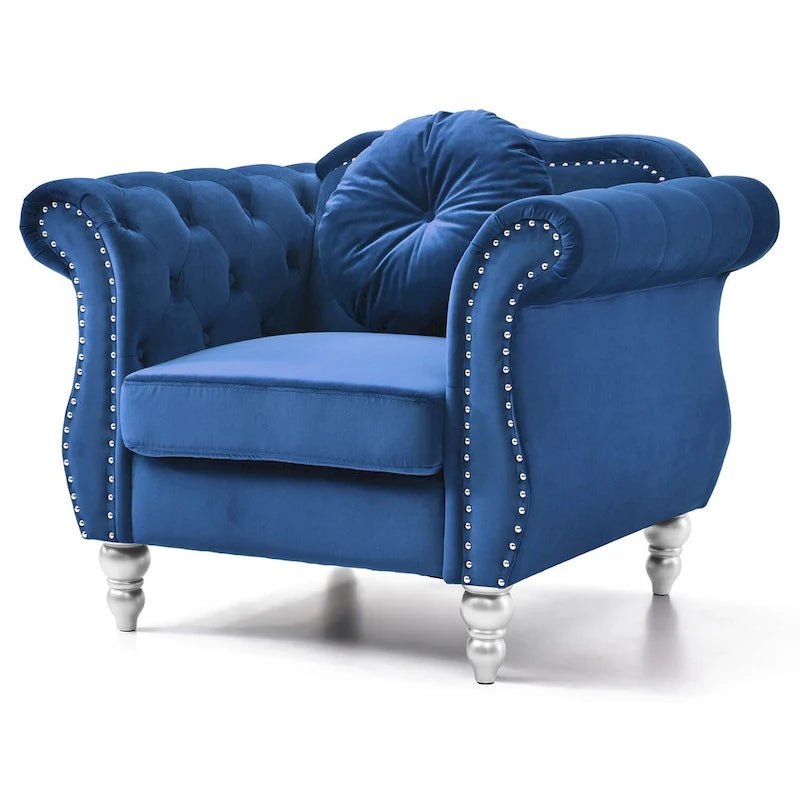 Poltrona d'Appoggio in Velluto Trapuntato Hollywood Chesterfield con Cuscino Rotondo - 39L x 35W x 34H