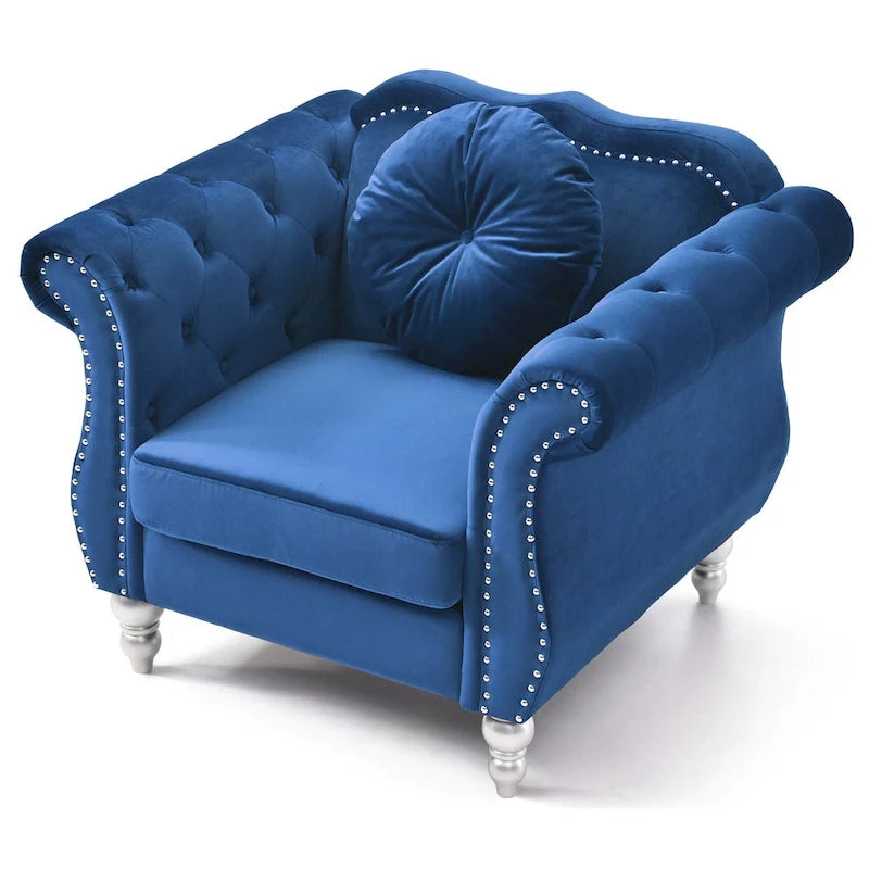 Poltrona d'Appoggio in Velluto Trapuntato Hollywood Chesterfield con Cuscino Rotondo - 39L x 35W x 34H