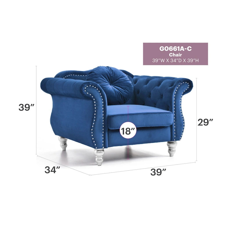 Poltrona d'Appoggio in Velluto Trapuntato Hollywood Chesterfield con Cuscino Rotondo - 39L x 35W x 34H