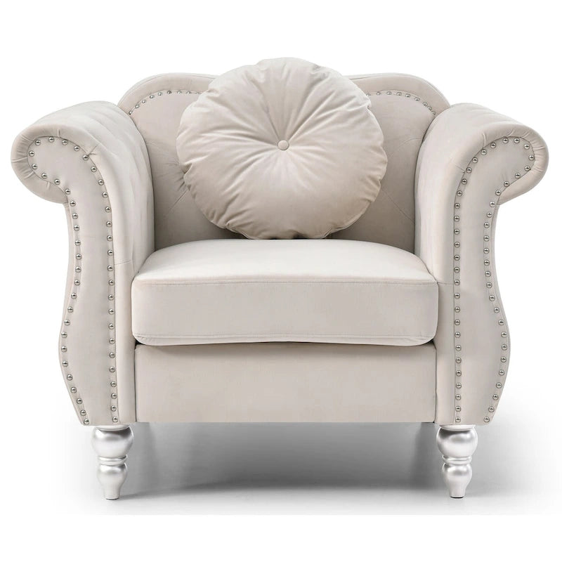 Poltrona d'Appoggio in Velluto Trapuntato Hollywood Chesterfield con Cuscino Rotondo - 39L x 35W x 34H