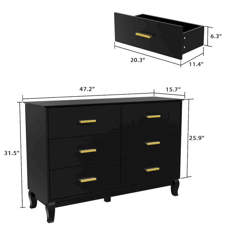Comò doppio a 6 cassetti bianco/nero, stile Mid-Century, utente singolo
