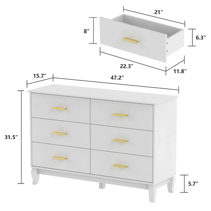 Comò doppio a 6 cassetti bianco/nero, stile Mid-Century, utente singolo