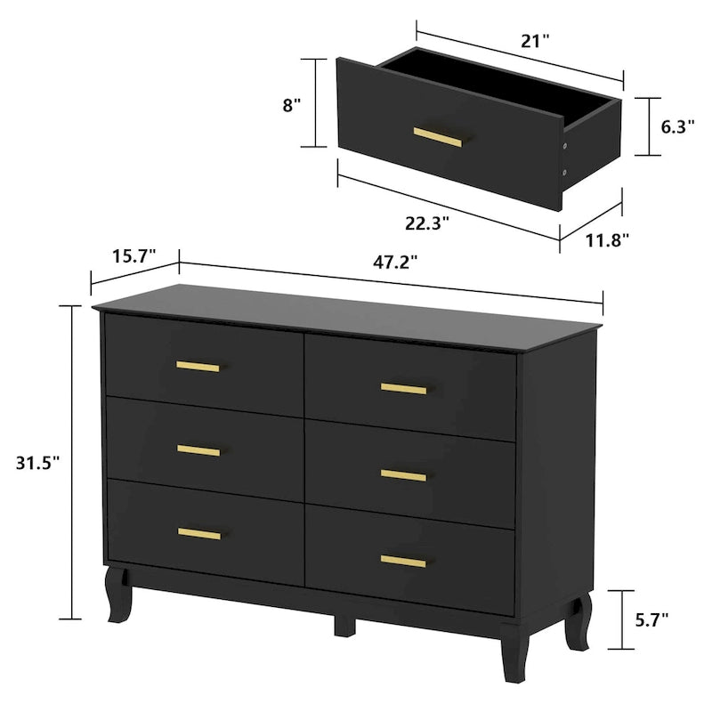 Comò doppio a 6 cassetti bianco/nero, stile Mid-Century, utente singolo