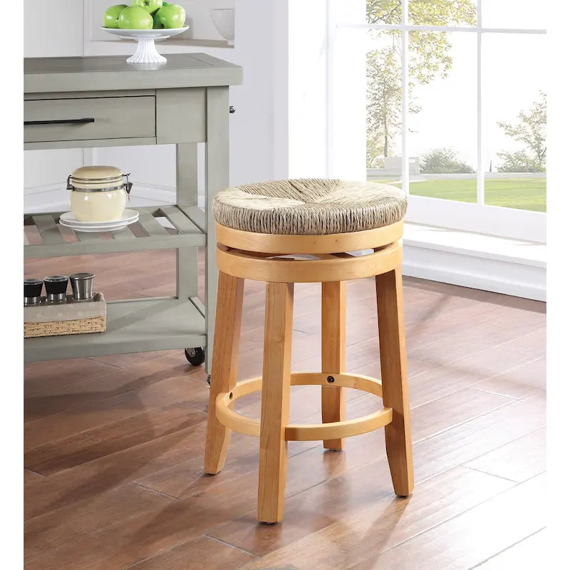 Sgabello girevole da banco bianco sporco/naturale, seduta in giunco intrecciato, set da 2