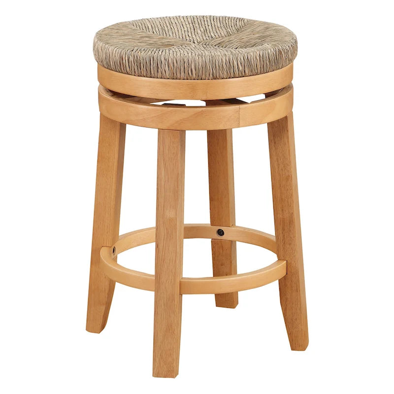 Sgabello girevole da banco bianco sporco/naturale, seduta in giunco intrecciato, set da 2