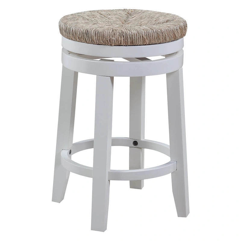 Sgabello girevole da banco bianco sporco/naturale, seduta in giunco intrecciato, set da 2