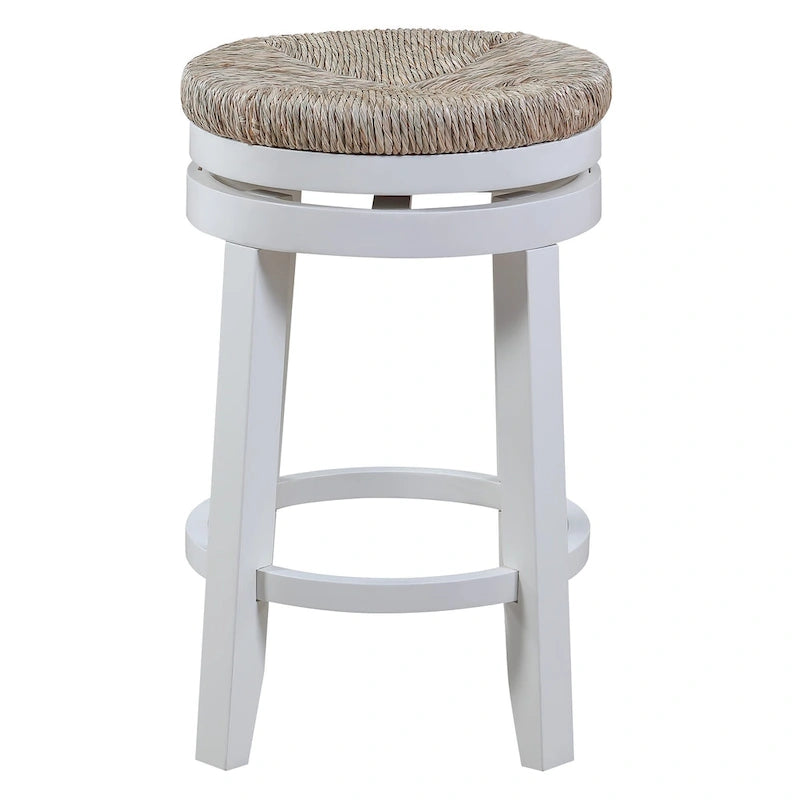 Sgabello girevole da banco bianco sporco/naturale, seduta in giunco intrecciato, set da 2
