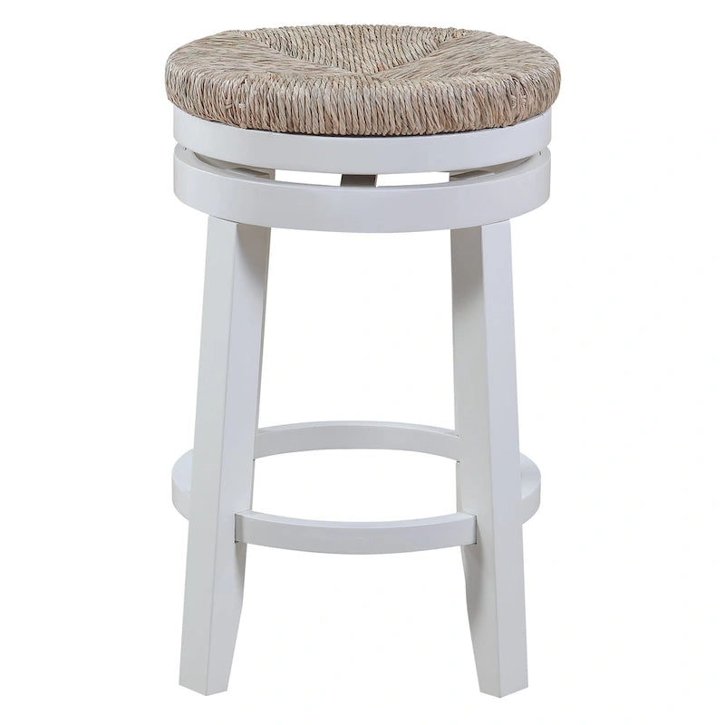Sgabello girevole da banco bianco sporco/naturale, seduta in giunco intrecciato, set da 2