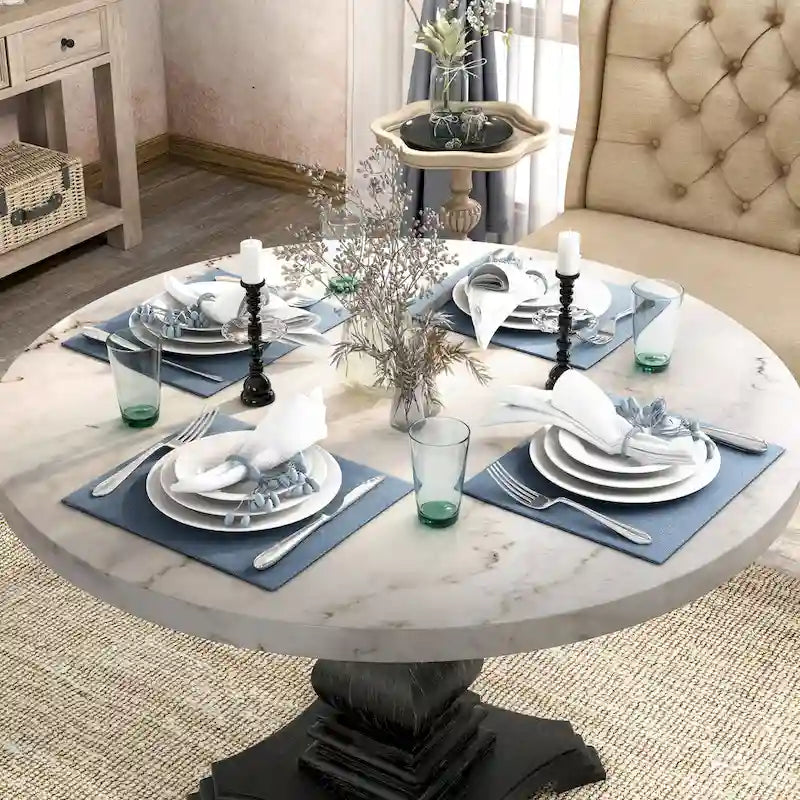 Tavolo da pranzo antico bianco e nero con piedistallo, piano rotondo in marmo, 4 posti