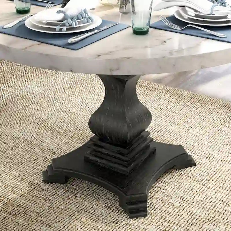 Tavolo da pranzo antico bianco e nero con piedistallo, piano rotondo in marmo, 4 posti