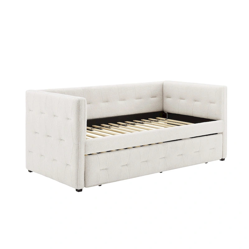 Divano Letto Rivestito in Velluto Trapuntato color Cammello / Bianco / Grigio con Letto Estraibile, per 2 Persone