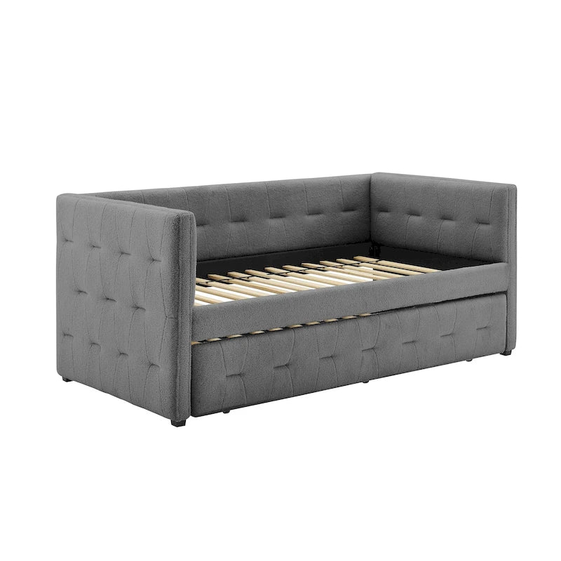 Divano Letto Rivestito in Velluto Trapuntato color Cammello / Bianco / Grigio con Letto Estraibile, per 2 Persone
