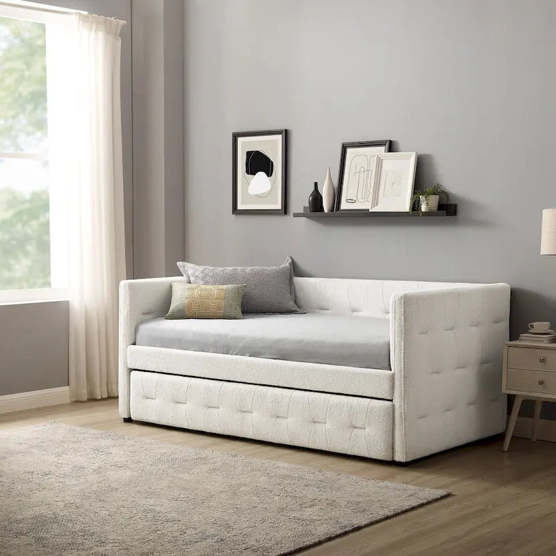 Divano Letto Rivestito in Velluto Trapuntato color Cammello / Bianco / Grigio con Letto Estraibile, per 2 Persone