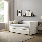 Divano Letto Rivestito in Velluto Trapuntato color Cammello / Bianco / Grigio con Letto Estraibile, per 2 Persone