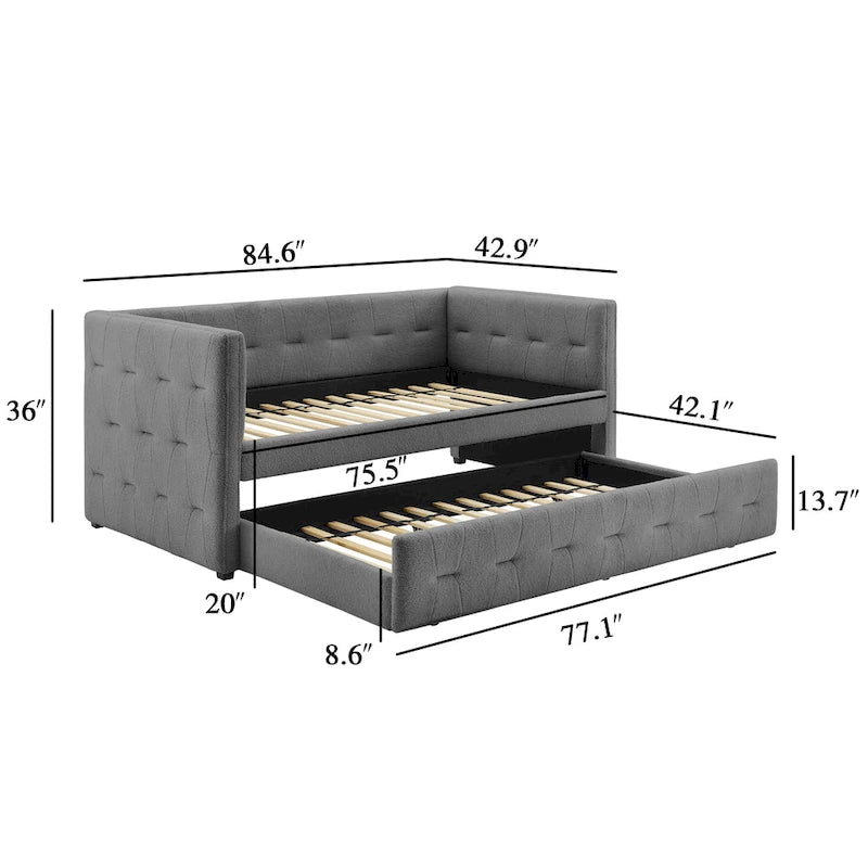 Divano Letto Rivestito in Velluto Trapuntato color Cammello / Bianco / Grigio con Letto Estraibile, per 2 Persone
