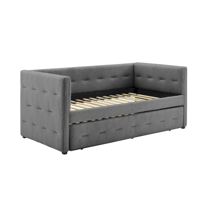 Divano Letto Rivestito in Velluto Trapuntato color Cammello / Bianco / Grigio con Letto Estraibile, per 2 Persone