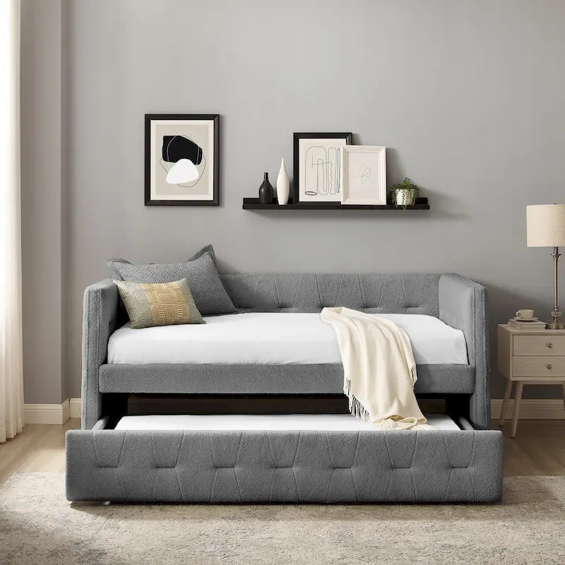 Divano Letto Rivestito in Velluto Trapuntato color Cammello / Bianco / Grigio con Letto Estraibile, per 2 Persone