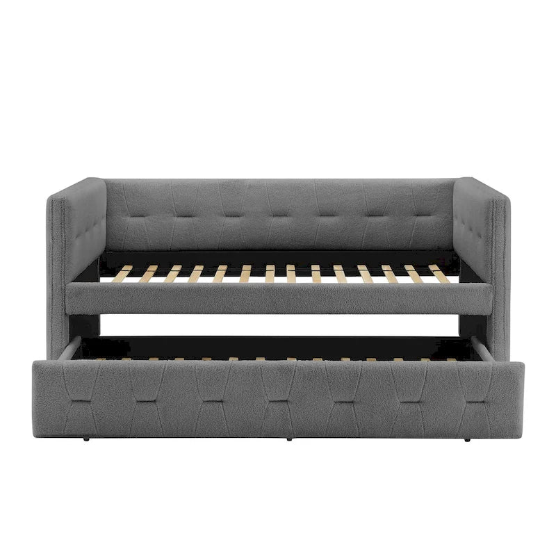 Divano Letto Rivestito in Velluto Trapuntato color Cammello / Bianco / Grigio con Letto Estraibile, per 2 Persone