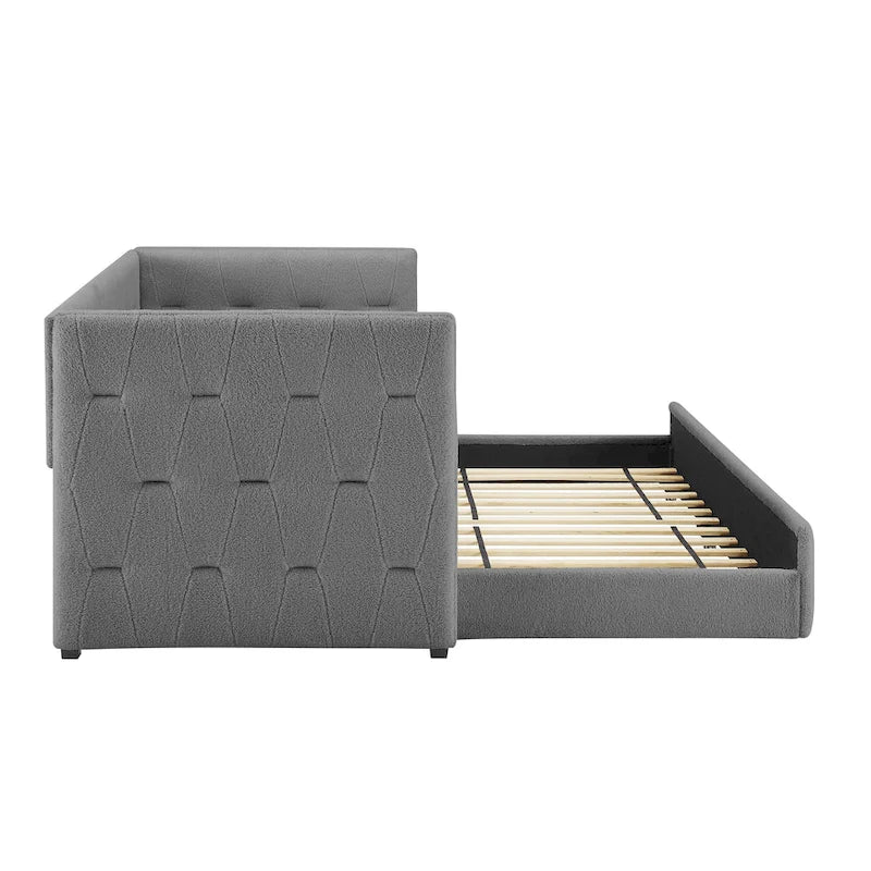 Divano Letto Rivestito in Velluto Trapuntato color Cammello / Bianco / Grigio con Letto Estraibile, per 2 Persone