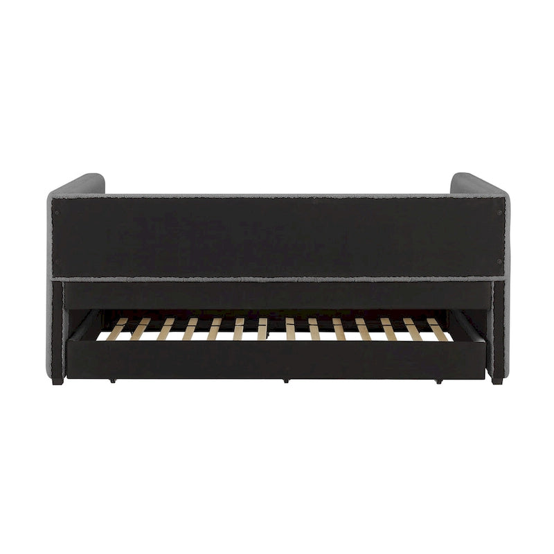 Divano Letto Rivestito in Velluto Trapuntato color Cammello / Bianco / Grigio con Letto Estraibile, per 2 Persone