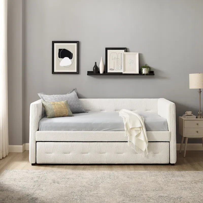 Divano Letto Rivestito in Velluto Trapuntato color Cammello / Bianco / Grigio con Letto Estraibile, per 2 Persone
