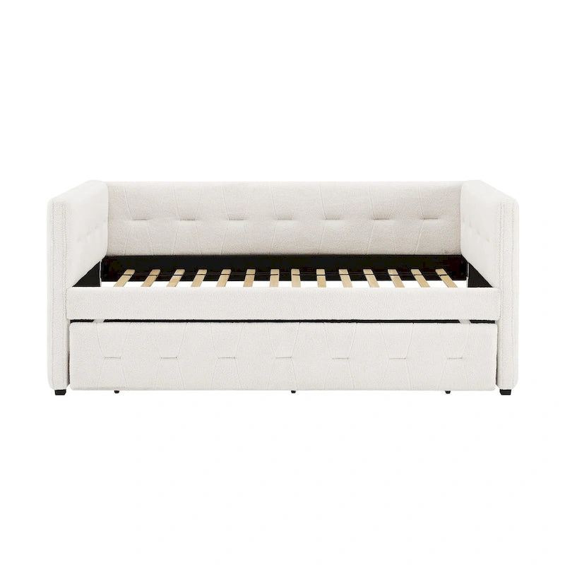Divano Letto Rivestito in Velluto Trapuntato color Cammello / Bianco / Grigio con Letto Estraibile, per 2 Persone